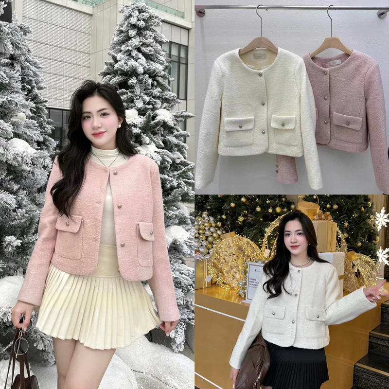 Áo Dạ Lông Xù Trần Bông 2 Túi Nắp Hàng Quảng Châu Cao Cấp (Có Sẵn Ship Hoả Tốc) Áo Khoác Dạ Tweed Mùa Đông Trắng Hồng