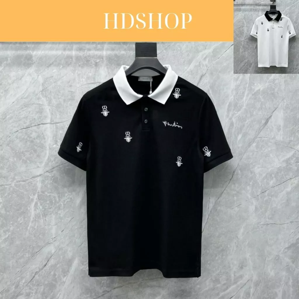 Áo polo nam CD cotton cá sấu gai Áo polo thêu Nổi chữ kí logo ong phối cổ 2 màu đen trắng mã cd ong