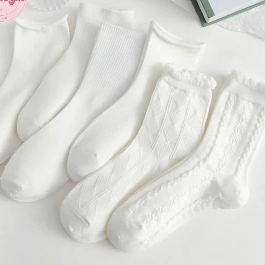Lố 10 Đôi Tất nữ cổ cao phong cách vintage TAT19, vớ nữ cổ cao họa tiết trắng tinh khôi
