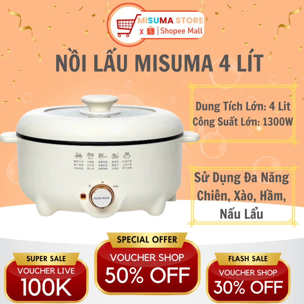 Nồi Lẩu Điện Đa Năng Misuma Dung Tích 4L. Chiên Xào Nấu Sôi Nhanh Tiết Kiệm Điện Nhiệt Tỏa Đều Siêu Chống Dính