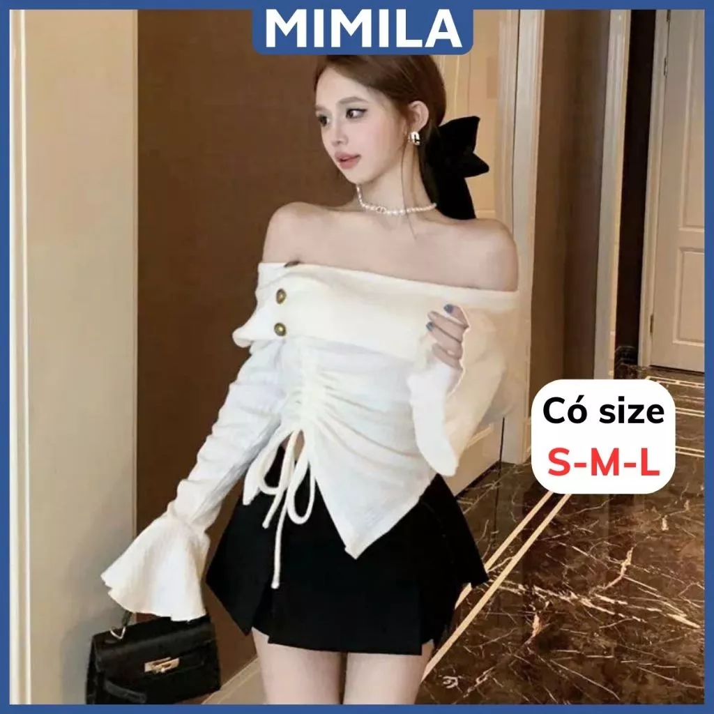[CÓ SIZE] Áo Trễ Vai Dài Tay Ôm Dáng MIMILA Thiết Kế Dây Rút Tay Xòe Đính Cúc Đồng Sang Chảnh Chất Thun Tăm Thái - MA300