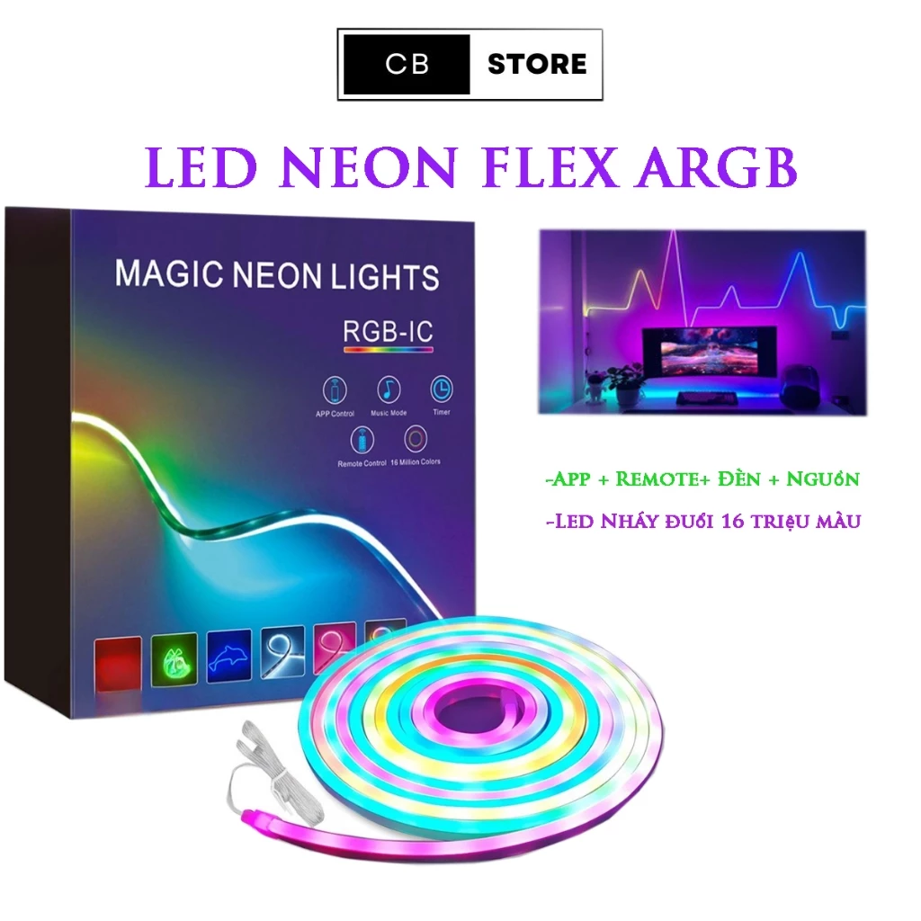 Đèn NEON FLEX chạy đuổi aRGB cảm biến âm thanh, trang trí decor tường góc làm việc, phòng khách