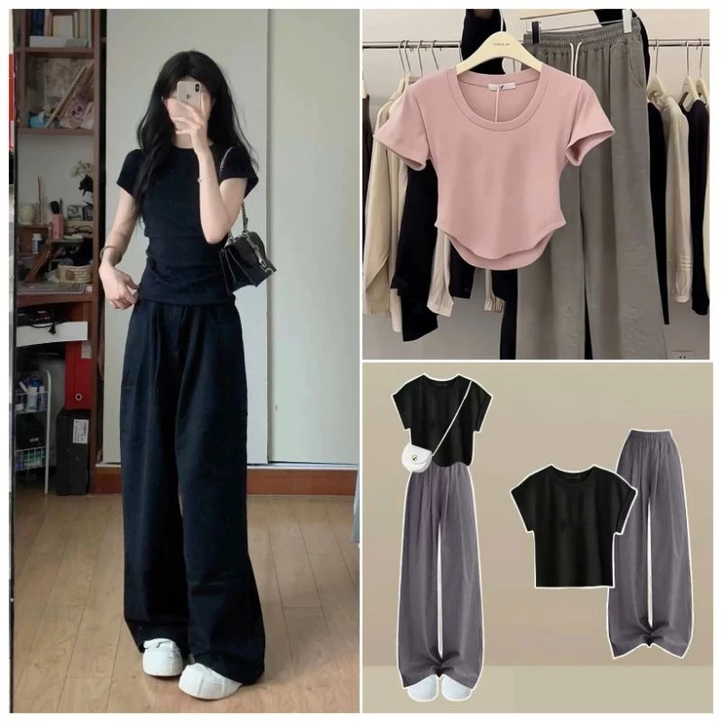 Sét bộ quần áo baby tee quần ống rộng cạp chun hack dáng đen + mix áo phông CROPTOP cộc tay chất tăm gân trơn dáng ngắn