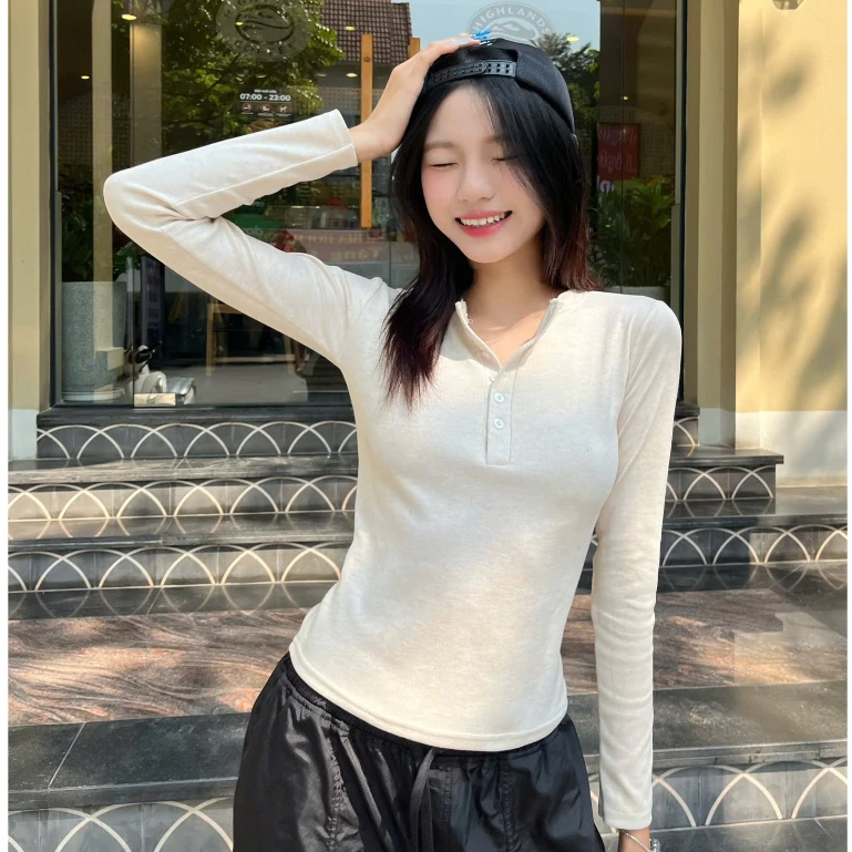Áo ôm body nữ dài tay cúc ngực Gumee, áo nữ tay dài fit thun tăm lông thỏ co giãn tốt kiểu Hàn - GLT