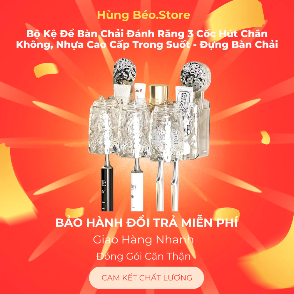 Bộ Kệ Để Bàn Chải Đánh Răng 3 Cốc Hút Chân Không, Nhựa Cao Cấp Trong Suốt - Đựng Bàn Chải