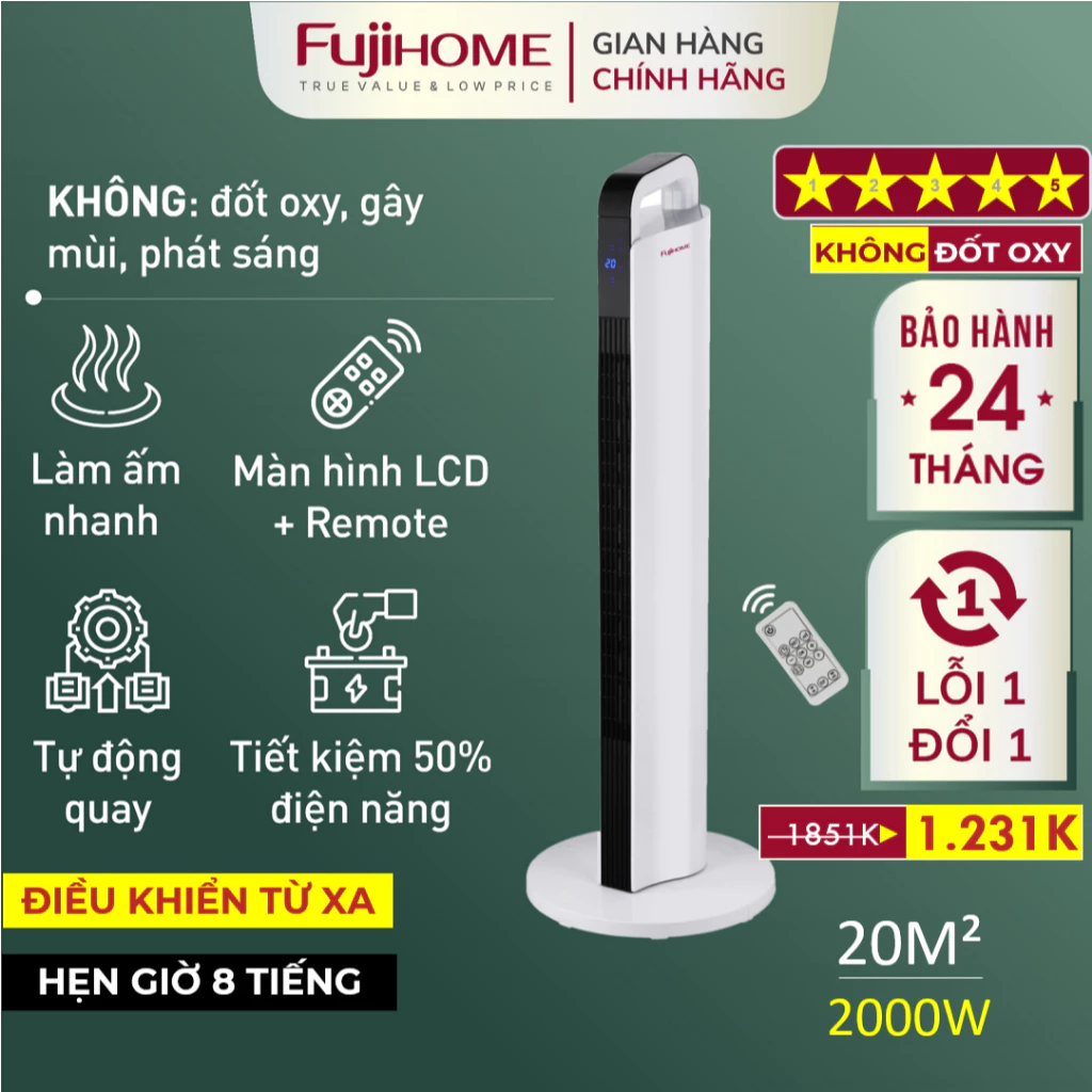 Máy sưởi gốm nhập khẩu không khô da FUJIHOME điều khiển từ xa, quạt lò sưởi tiết kiệm điện tự ngắt