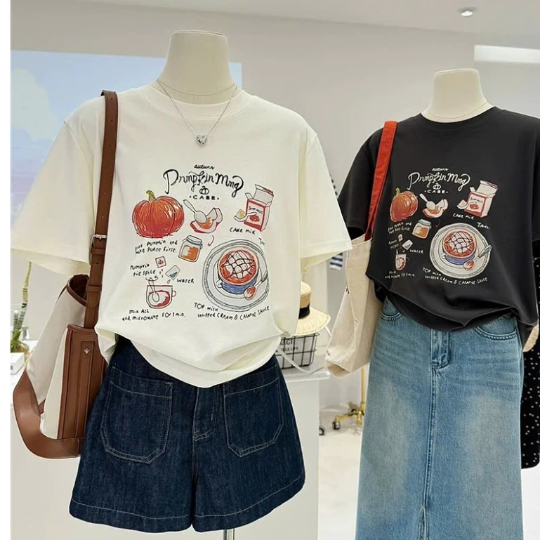 Áo Thun Nữ Cotton In Hình Thời Trang Menina, Áo Phông Nữ Cổ Tròn Dáng Rộng.