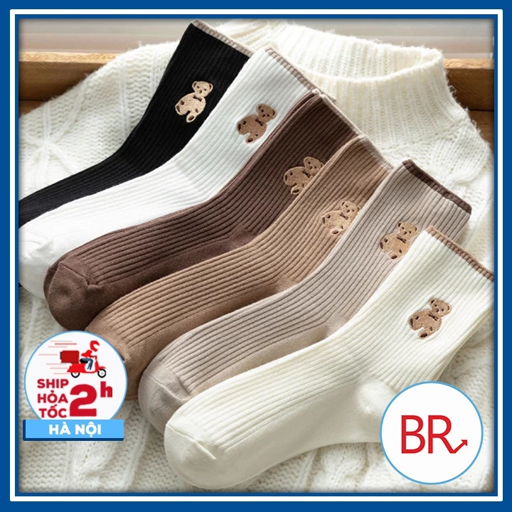 Set 5 Đôi Tất Gấu Cổ Cao Phong Cách Hàn Quốc Năng Động – Vớ Họa Tiết Gấu Nâu Vải Cotton Mềm Mại, Êm Chân 02666