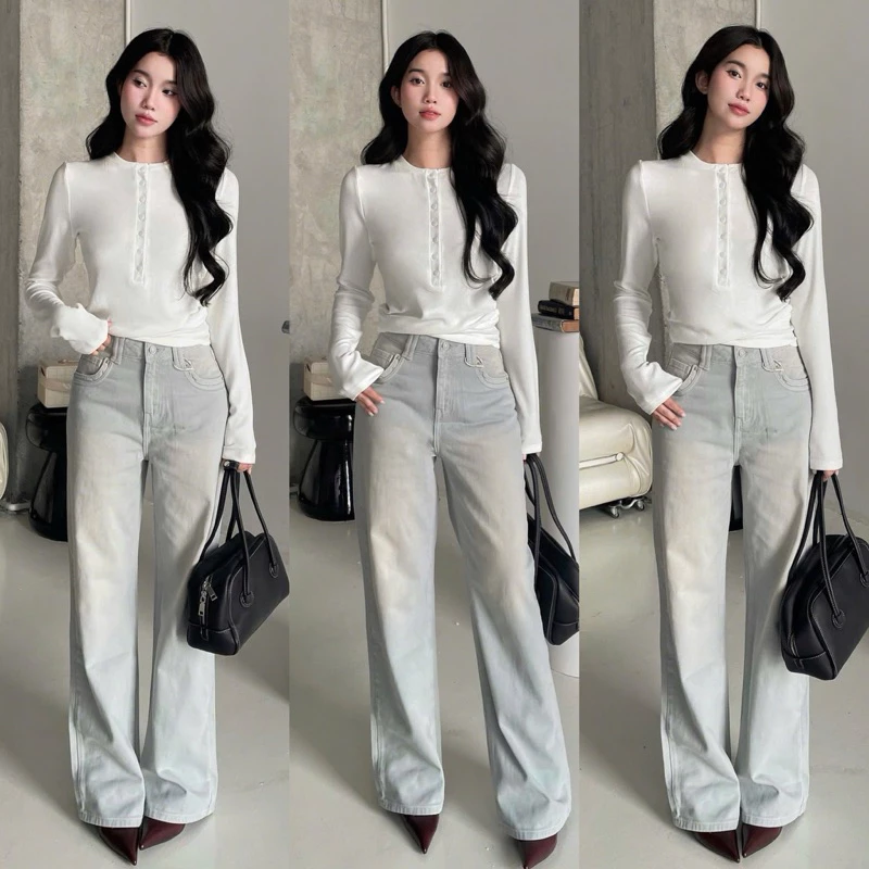 Quần jean suông nữ trơn dài không co giãn màu mới UR02