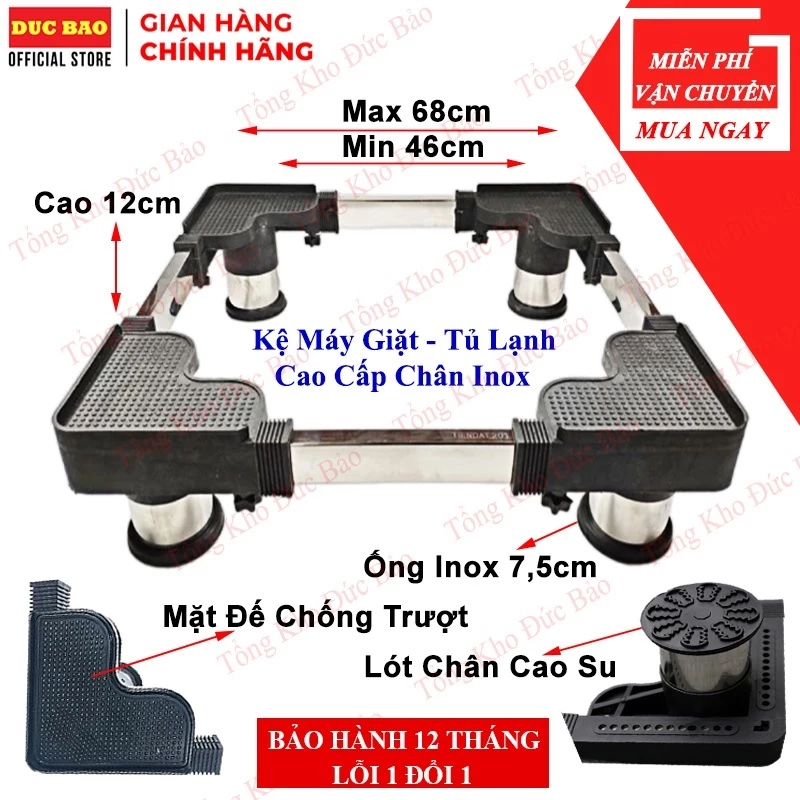 Chân Máy Giặt, Tủ Lạnh, Máy Lọc Nước Inox, Kệ Máy Giặt Và Tủ Lạnh Cao Cấp Trụ Bọc Inox Chống Rung Chắc Chắn
