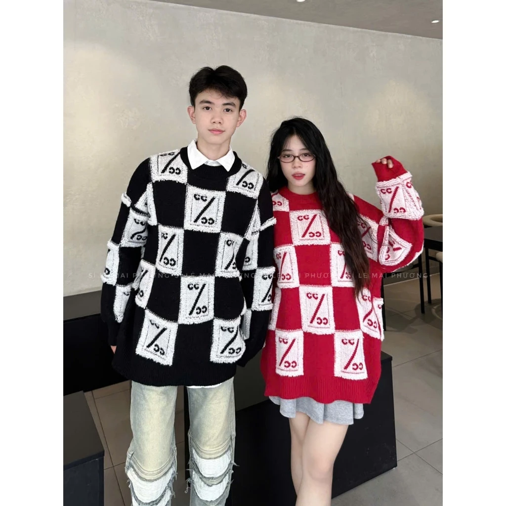 𝙃𝘼𝙉𝘼.𝘾𝙡𝙤𝙩𝙝// Áo Len Cờ Caro Cổ Bo Tròn Chất Len Hàng Quảng Châu Cực Nét-Áo Len Chữ CC Hàng Đẹp Phong