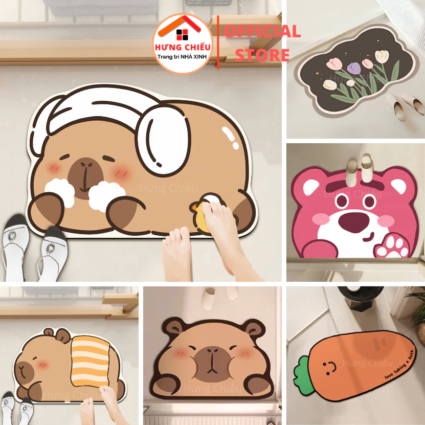 Thảm lau chân, thảm chùi chân đế cao su chống trơn trượt capybara, gấu dâu 40x60cm Hưng Chiếu ED01