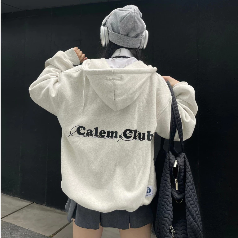 Áo khoác hoodie zip nữ nam đen xám Y2K Ulzzang unisex form rộng, in chữ CalemClub, cực ngầu