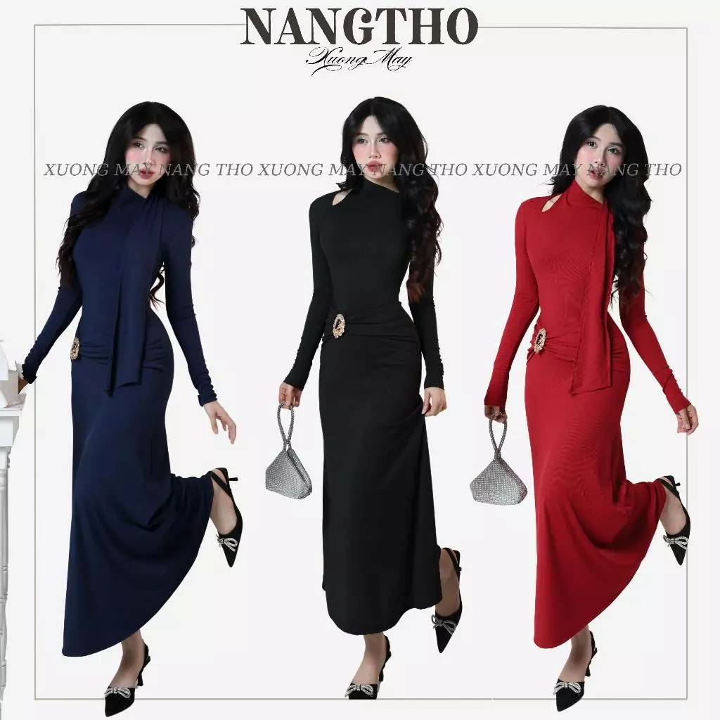 327 [KÈM CHARM] Đầm Dự Tiệc Nữ Dáng Dài Tay Dài Nhúng Trước Eo Chất Thun Gân Co Giãn