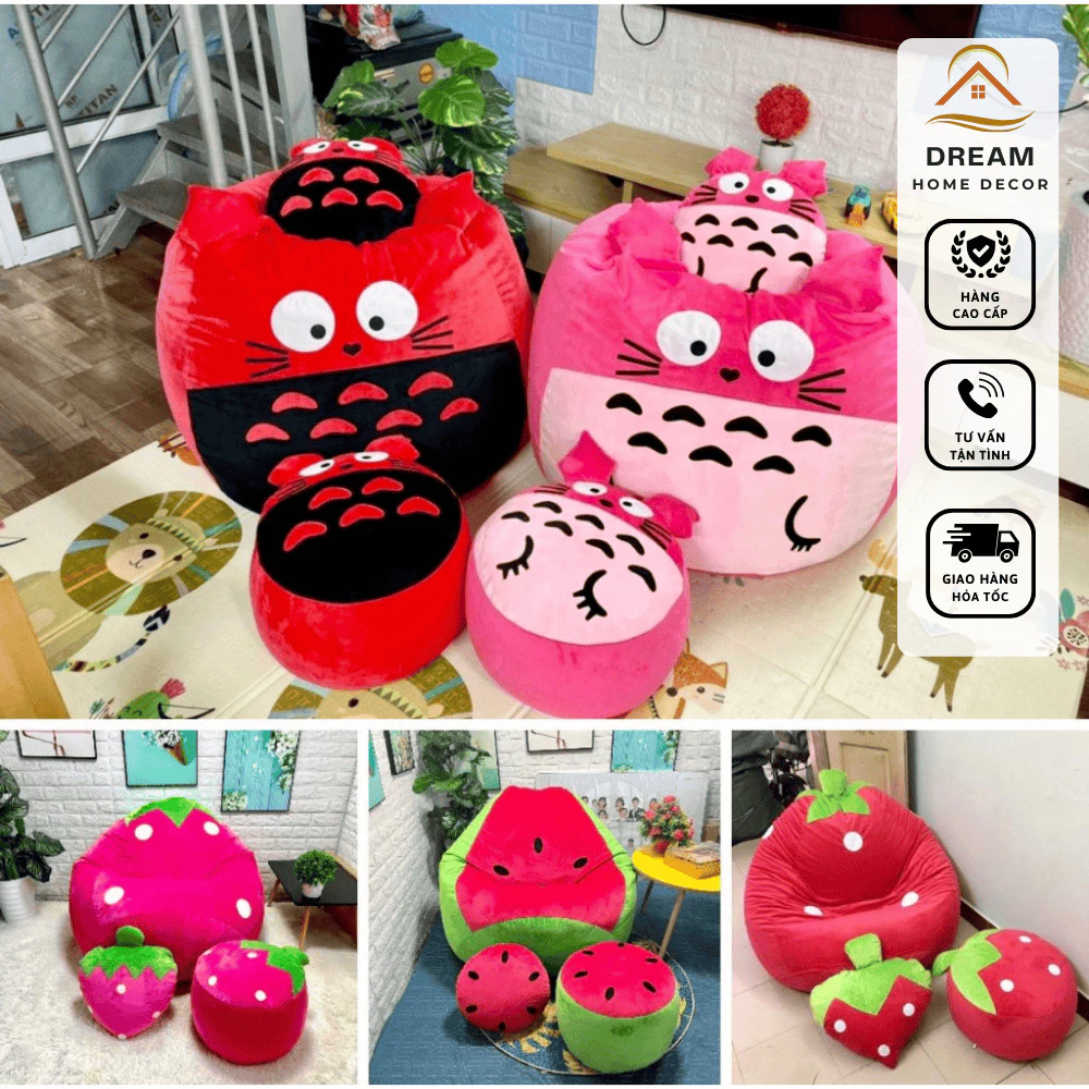 Ghế totoro màu hồng và đỏ, ghế hạt xốp giá rẻ nhất TPHCM