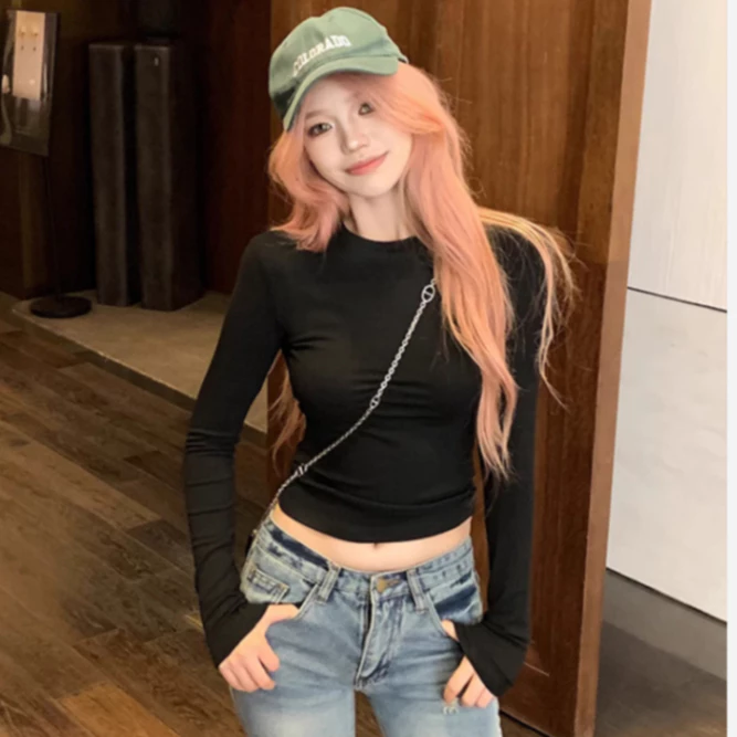 Áo thun tay dài cổ tròn croptop dáng ôm nữ Gumee, áo nữ dài tay trơn tay xỏ ngón chất thun tăm mát - GXN