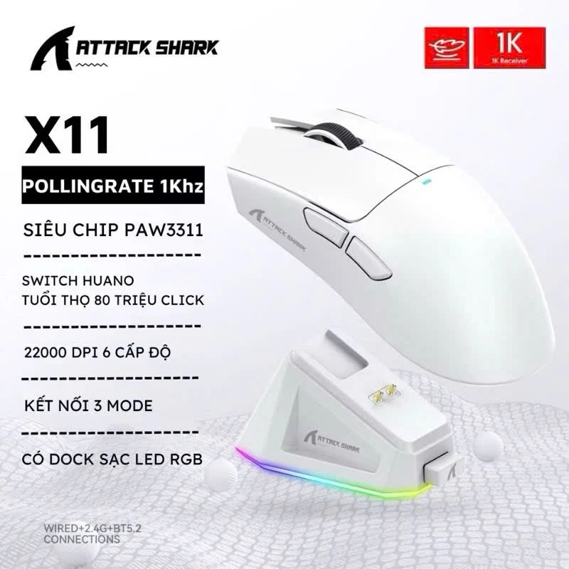 Chuột Gaming Không Dây Attack Shark X11 dock sạc / Attack Shark R1 / 3 chế độ kết nối / tặng kèm griptape