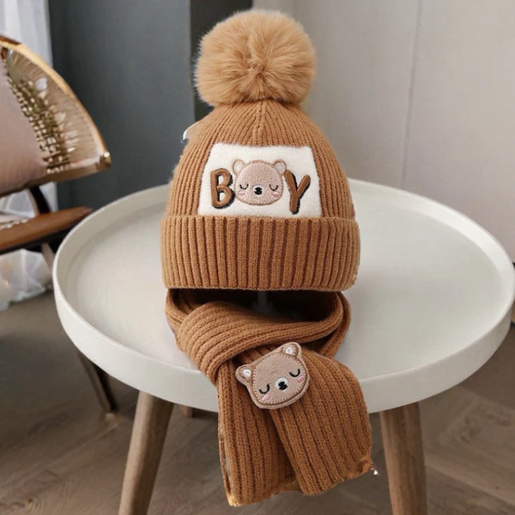Mũ Len Boy Tặng Kèm Khăn Gấu Hoạt Hình Siêu Xinh Giữ Ấm Mùa Đông Cho bé 1- 6 Tuổi ( DIDOOGLT)