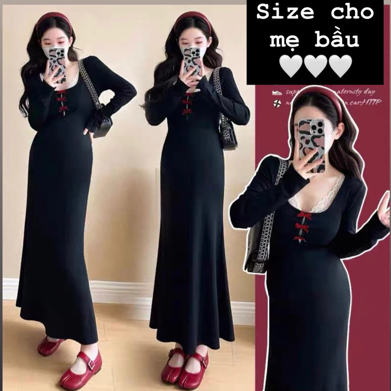 Đầm thun ôm maxi tay dài CHIYO.SG dáng đuôi cá đính nơ điệu đà cho mẹ bầu D393