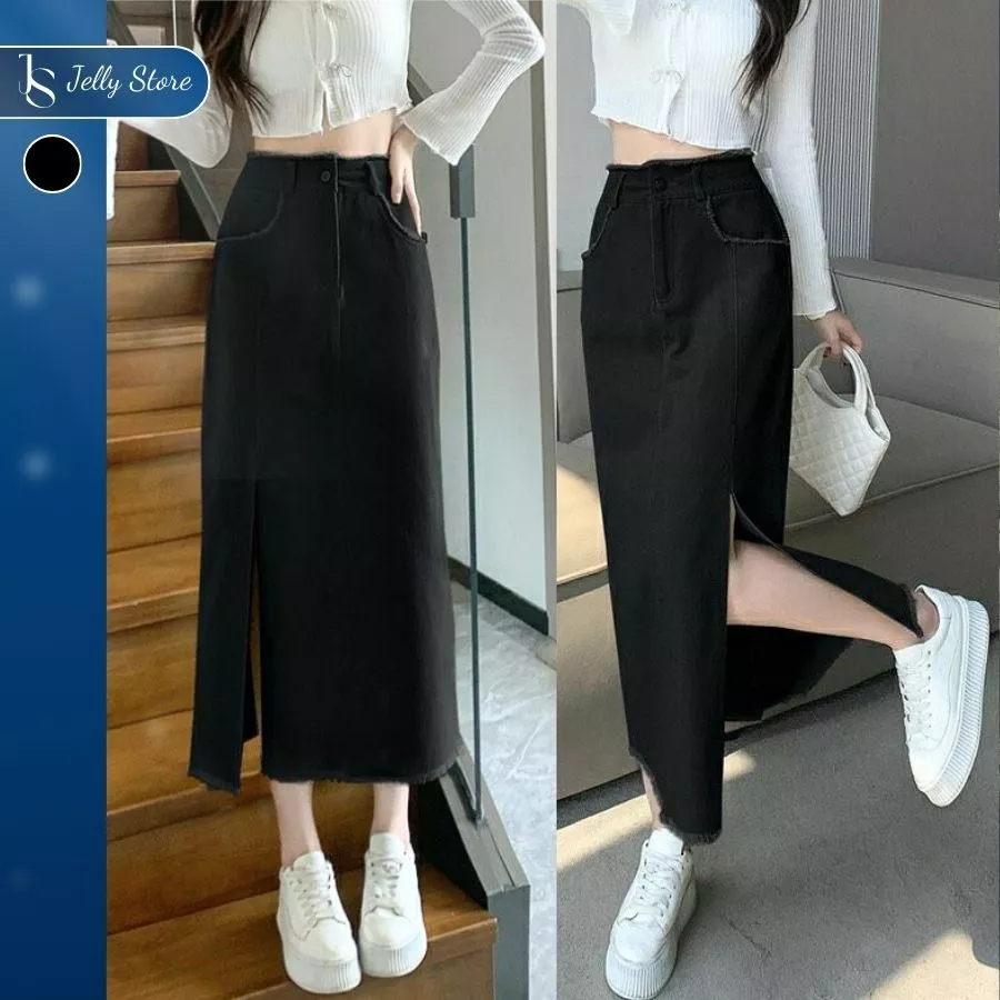 [HOT TREND 2026] Chân váy jean dài chữ a váy bò đen dài cạp cao xẻ tà tua rua hàn quốc Jelly V001