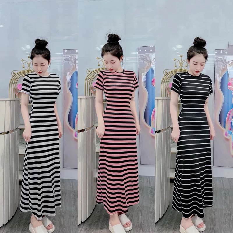 Đầm Tay Ngắn Cổ Tròn chữ A siêu tôn dáng chất vải thun gân giãn tốt