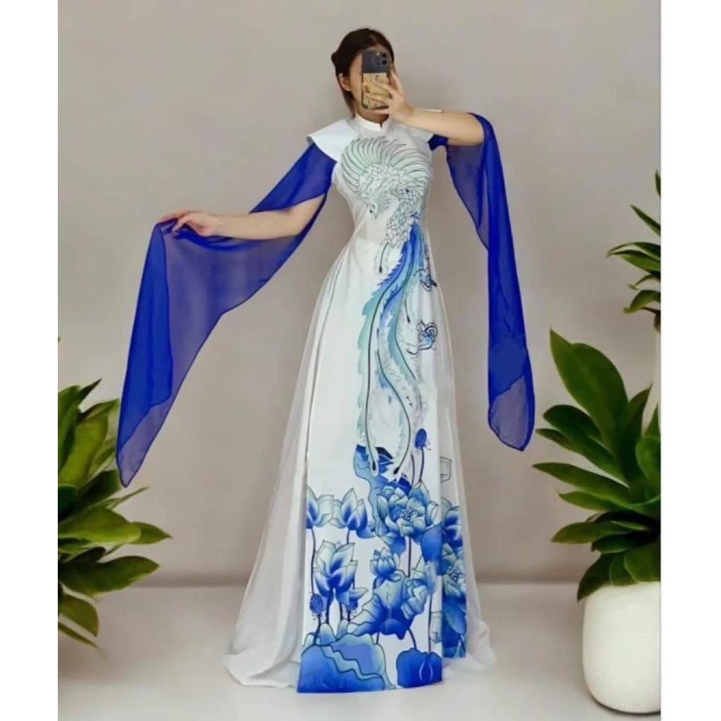 Trang phục biểu diễn văn nghệ thiết kế tay xẻ vai mếch in hoạ sen và hoạ tiết chim phượng màu Xanh và Đỏ