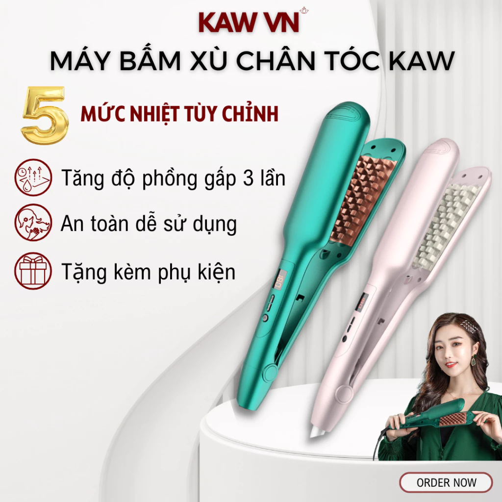 Máy Bấm Xù Chân Tóc Màn Hình LED KAW 2in1, 5 mức nhiệt phù hợp, Máy Dập Phồng Tạo Chân Tóc Tự Nhiên