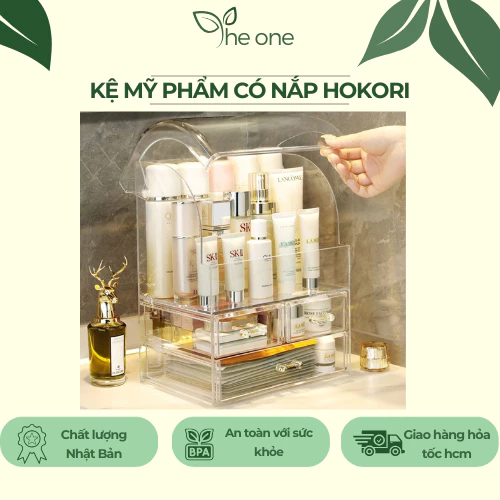 Kệ mỹ phẩm có nắp Hokori cao cấp. nhựa trong suốt sang trọng. tủ đựng mỹ phẩm ngăn bụi bẩn