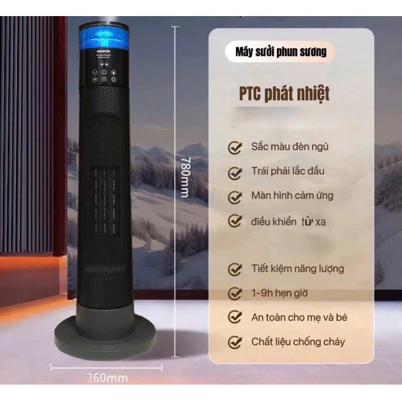 Máy sưởi gốm kèm phun sương kimochi -2000w, hẹn giờ, điều khiển từ xa, 7 chế độ đèn, ,chính hãng