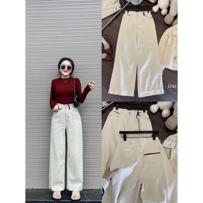 Quần Bò Jeans Nữ Ống Rộng Phối Đỏ Cạp Cao Siêu Hách Dáng Cực Đỉnh - Ong, Women