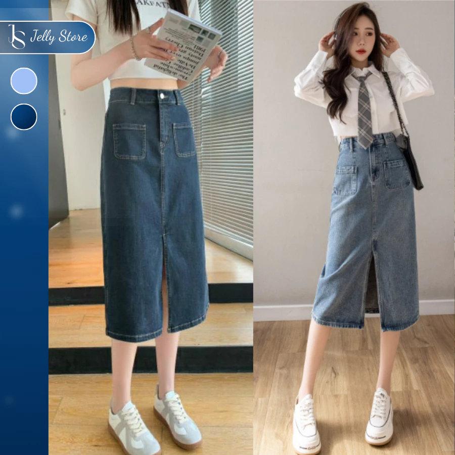 [Xả 50k] Chân Váy Jean Dáng Dài Túi Hộp Xẻ Trước Trẻ Trung Năng Động The Jelly V002