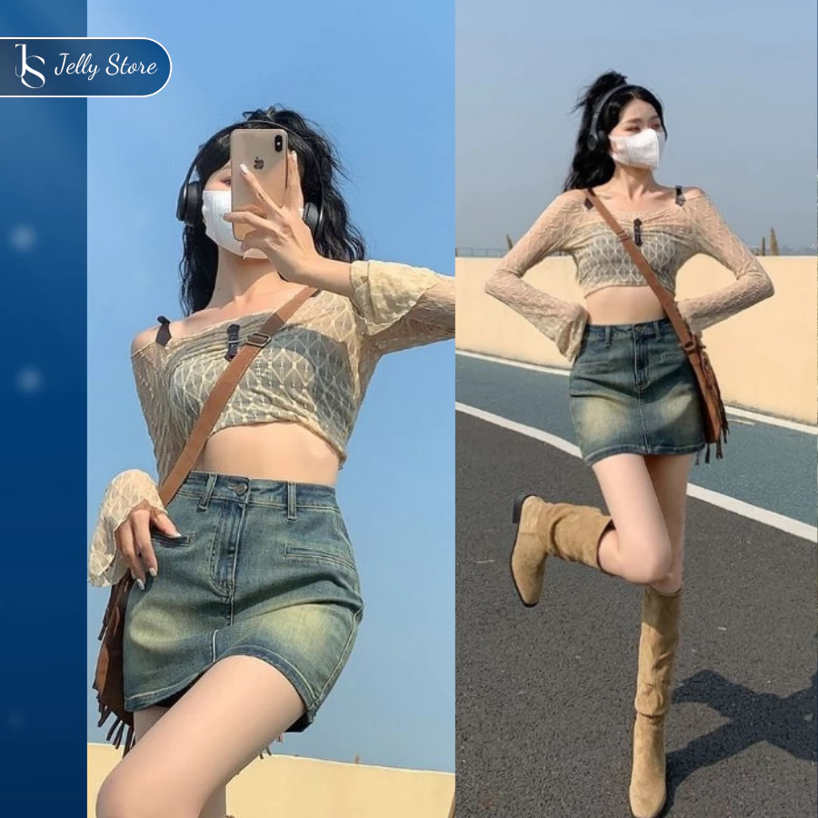 [SALE SỐC] Chân Váy Jean Ngắn Dáng Chữ A The Jelly Có Quần Mặc Trong Quần Giả Váy Jean Dáng Ngắn Sexy A001