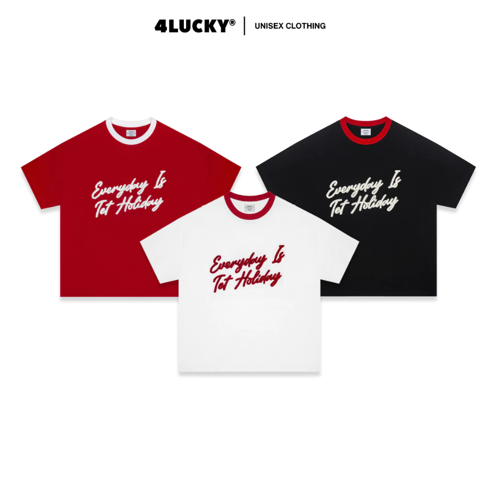 Áo Thun Boxy Thêu Xù "Everyday Is Tet Holiday" 4Lucky 6414, Áo Form Boxy Unisex, Chất Cotton Co Giãn Thoáng Mát Nam Nữ