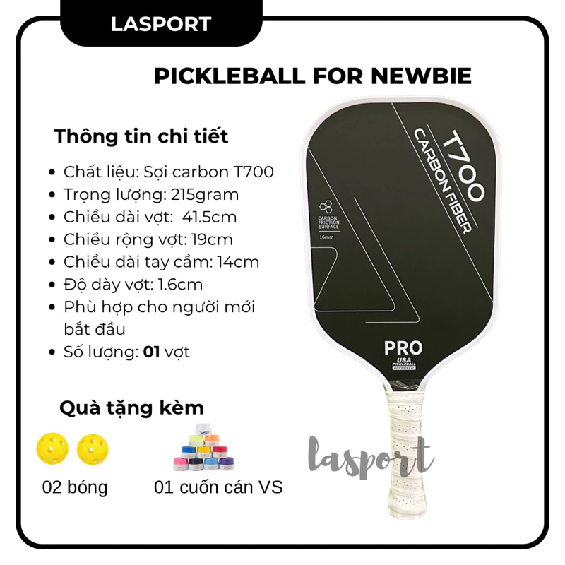 Vợt Pickleball T700Pro sợi carbon 16mm mặt nhám công thủ toàn diện, thiết kế tiêu chuẩn USAPA dành cho người mới chơi