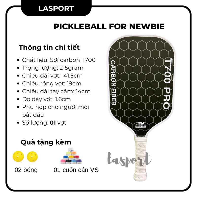 Vợt Pickleball T700PRO HOẠ TIẾT TỔ ONG sợi carbon 16mm mặt nhám, thiếu kế tiêu chuẩn USAPA dành cho người mới chơi
