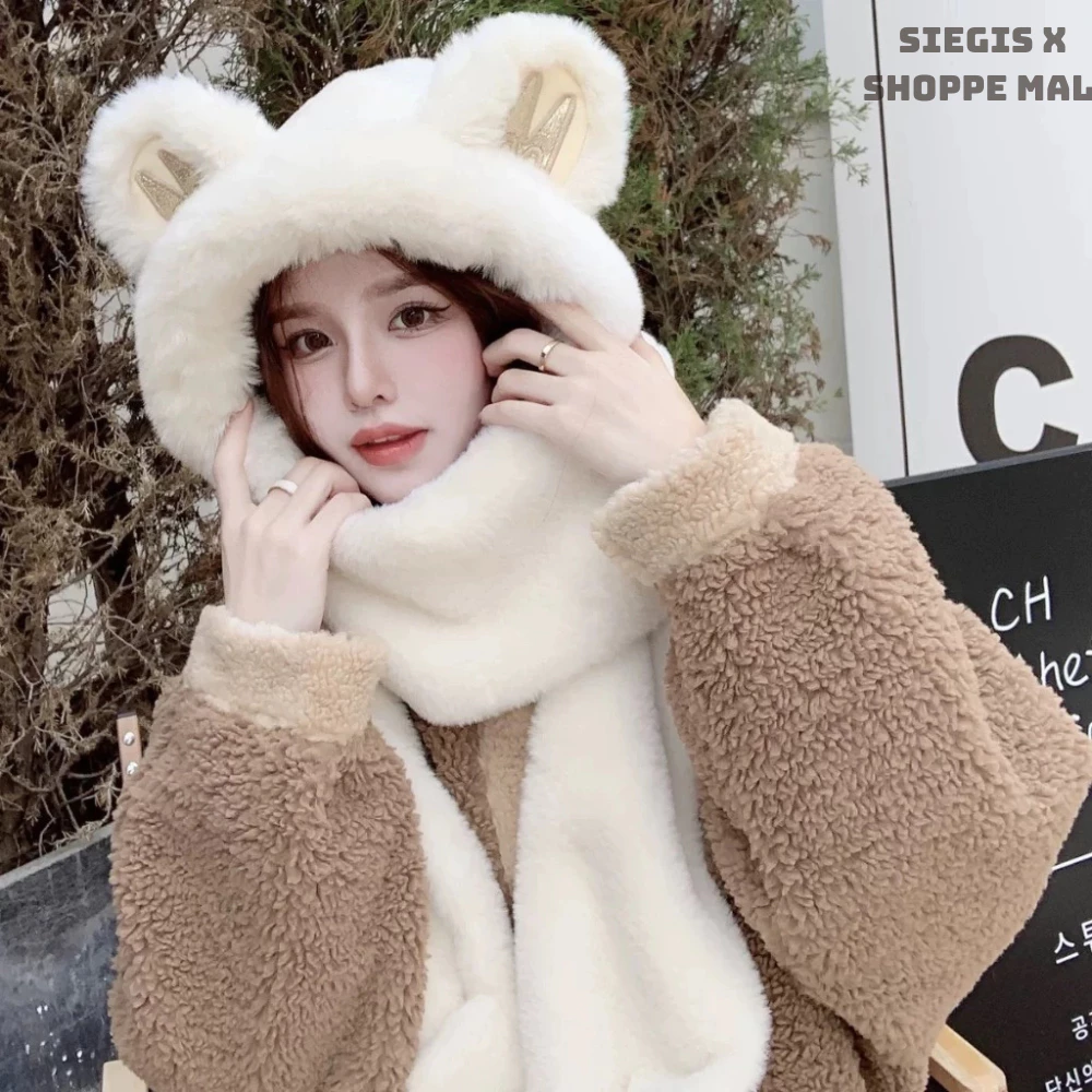 Mũ lông nữ tai gấu kèm khăn dài và găng tay phong cách Hàn Quốc giữ ấm mùa đông màu sắc dễ thương