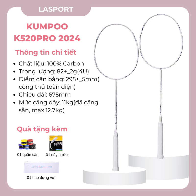 Vợt cầu lông Kumpoo K520pro phiên bản 2024 chính hãng, căng sẵn 11kg tặng kèm túi đựng và quấn cán(không kèm box)