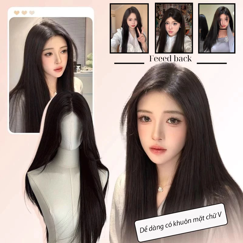Tóc Giả Nguyên Đầu Thẳng Chia Ngoi Dài 60cm Hàng Cao Cấp Tặng Kèm Bộ Dụng Cụ Chăm Sóc Tóc