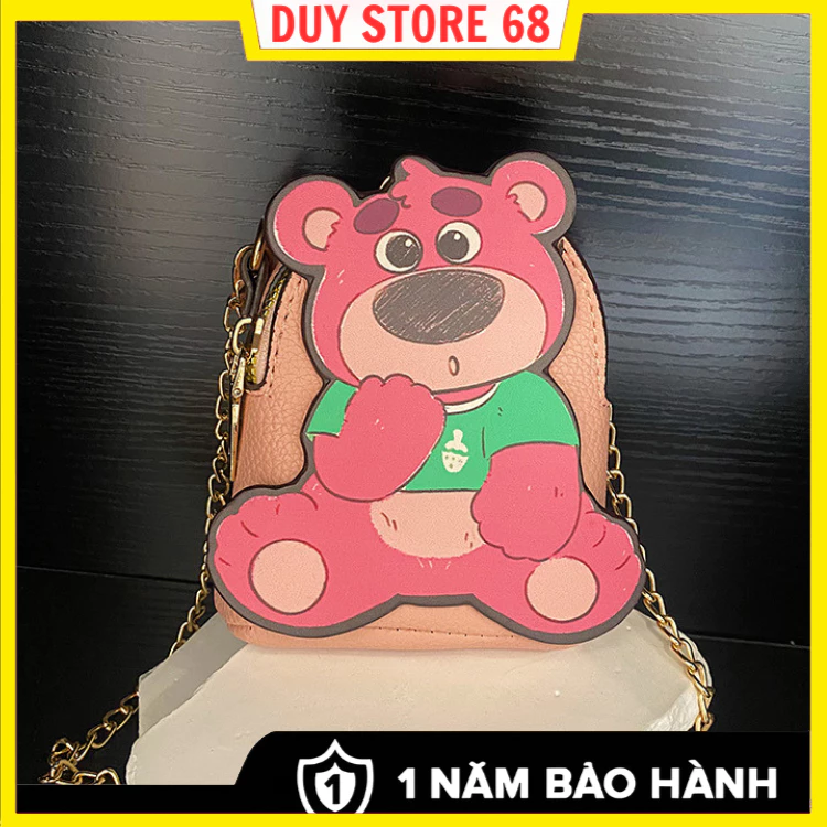 Túi Đeo Chéo Mini dễ thương Hình Gấu Dâu Bằng Da, Đựng Ví Son mỹ Phẩm Hàng Đẹp.