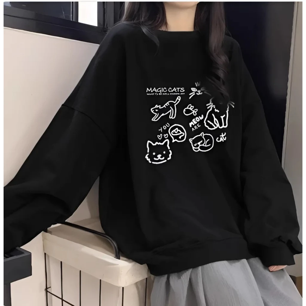 Áo Sweater Nỉ Lót Nhung From Boxy - MayLinhShop - Cổ Tròn In Hình Con Mèo Đơn Giản