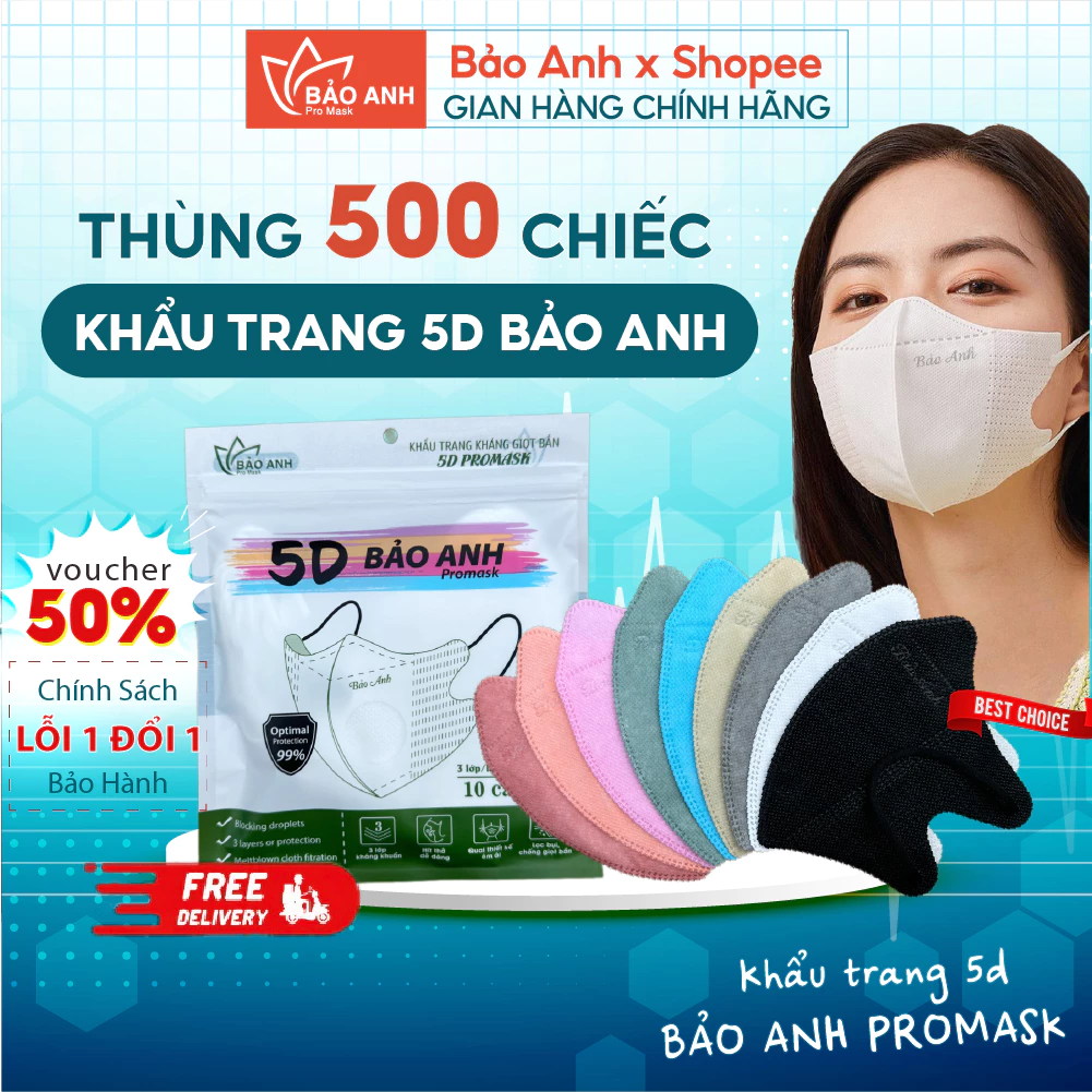 Thùng 500 cái Khẩu trang 5D Bảo Anh Promask 3 Lớp kháng khuẩn, Khẩu trang chống tia UV cao cấp