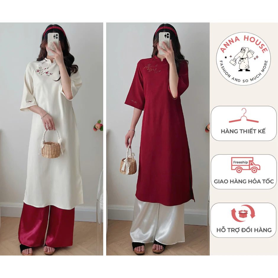 (Có bigsize - tặng bờm) Set áo dài cách tân kèm quần tay lỡ mặc đi chơi tết, lễ chùa - set đồ tết áo dài nữ mặc tết