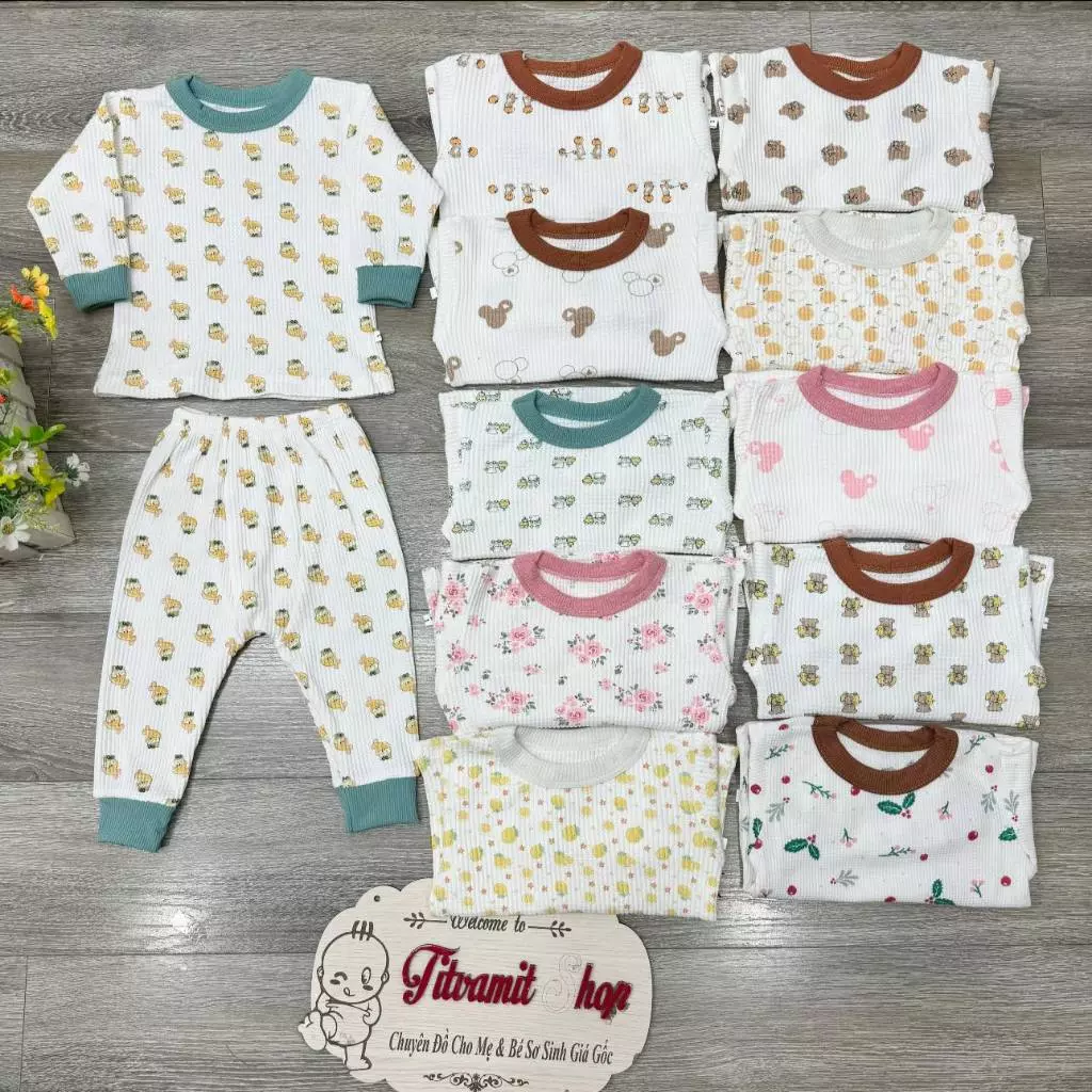 Set 3 bộ dài LEN TIÊU CHUI ĐẦU hoạ tiết, quần can đũng đóng bỉm