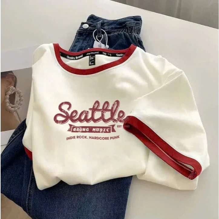 Áo thun nữ  ngắn tay Bo viền in hình trẻ trung ALICEVN, Áo thun Cotton nữ dáng rộng Chất thun 4 chiều đẹp, thấm mồ hôi