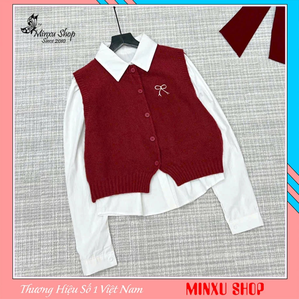 Set 2 Chi Tiết Áo Gile Phối Áo Sơ Mi Thêu NƠ Phom Vừa Chất Len Gạo Hàng QC Minxu Shop CK49