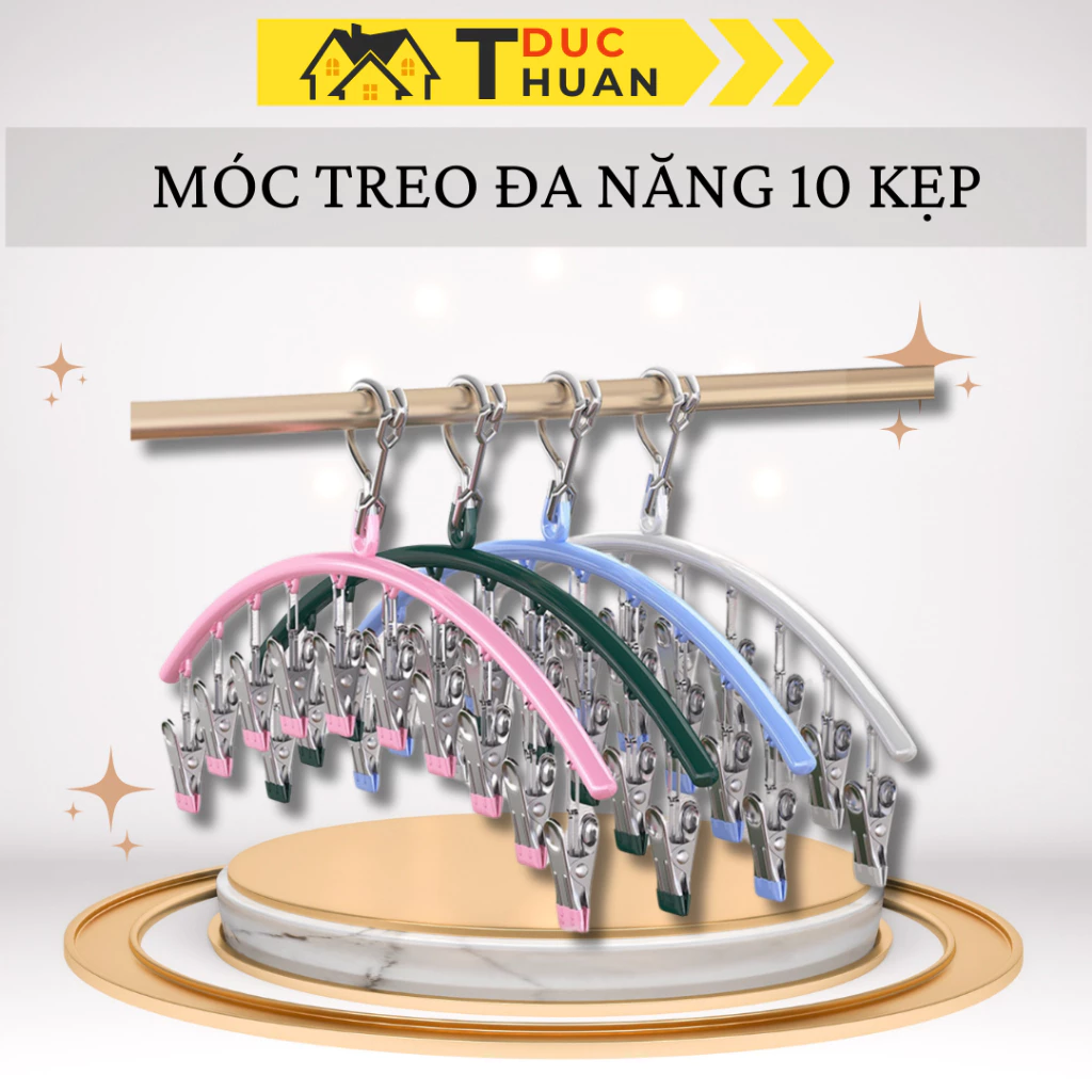 Móc treo đa năng 10 kẹp INOX bọc nhựa, phơi đồ lót tiện dụng ĐT HOME