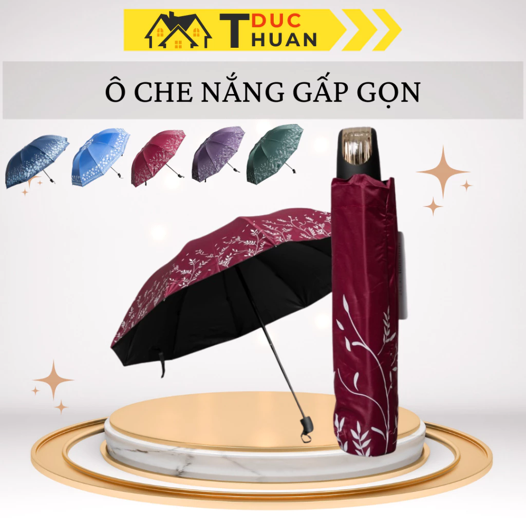 Ô Dù Cán Vàng Viền Hoạ Tiết Che Mưa Che Nắng 10 Nan Chống Tia UV, Chịu Gió Tốt - ĐT HOME