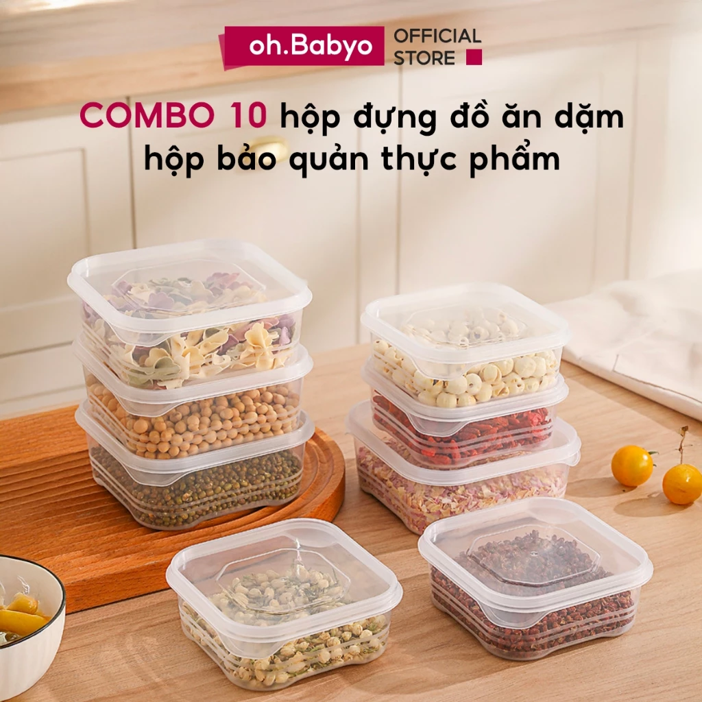 COMBO 10 Hộp Đựng Thực Phẩm Đồ Ăn Cho Bé ohBabyo Hộp Bảo Quản Thức Ăn Tủ Lạnh Có Nắp Tiện Lợi
