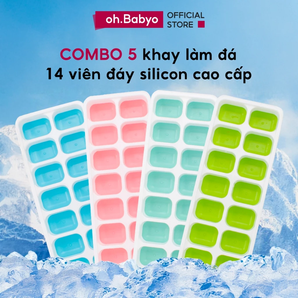 COMBO 5 Khay Làm Đá Silicon Có Nắp Đậy ohBabyo Khuôn Làm Đá Tủ Lạnh Bảo Quản Chống Mùi Hiệu Quả