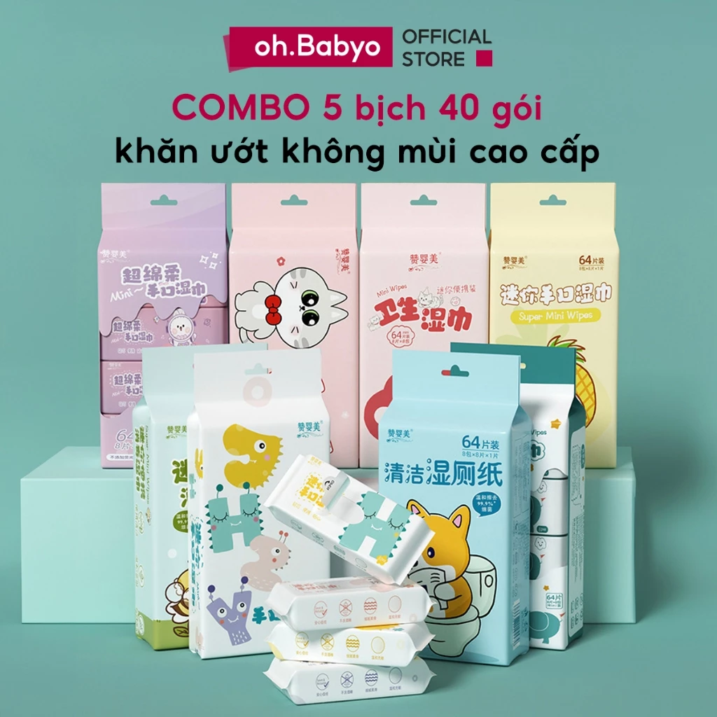 COMBO 5 Bịch 40 Gói Khăn Giấy Ướt Mini Không Mùi Cao Cấp ohBabyo Mềm Mại Nhỏ Gọn An Toàn Cho Bé